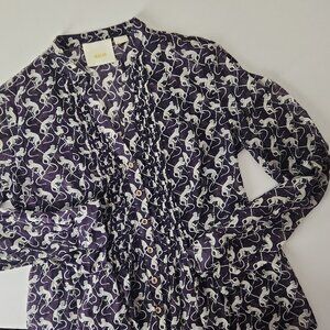 Anthropologie Maeve button down blouse tunic top cute purple Monkeys print sz 0